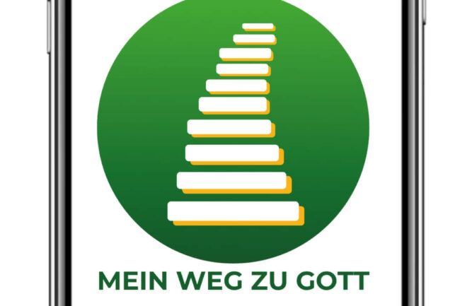 Smartphone mit Logo von "Mein Weg zu Gott" auf dem Bildschirm