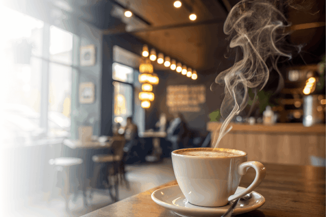 Dampfende Kaffeetasse in einem Cafè