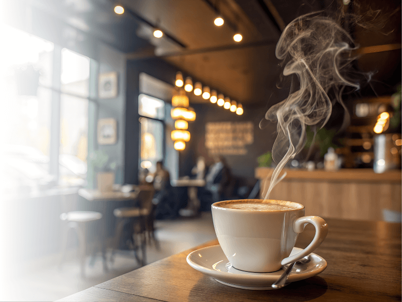 Dampfende Kaffeetasse in einem Cafè